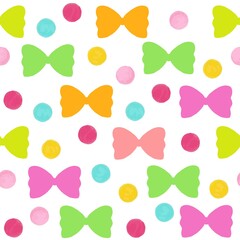 Seamless pattern with circles and bows.Wallpapers with white bows and polka dots.Bright colorful pattern.Cloth design, wallpaper, wrapping.Stock illustration for baby shower.