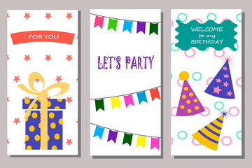 Happy birthday templates set. Vector illustration. For invitations, congratulations, gifts and decor. Gift boxes, flags and caps - for the holiday.
