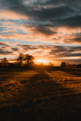 Obraz premium Dramatic autumn sunset in the countryside with tree silhouettes in the sunlight glow