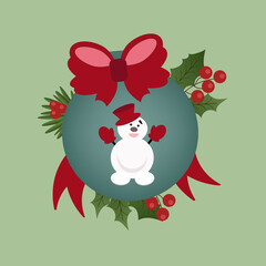 Christmas illustration ball with snowman, red bow and berry. Celebration vector design.