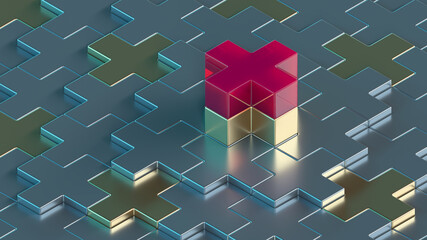 Abstract 3D render. Red, gold and blue medical cross or x or plus. Symbols or signs. Modern pattern illustration. Background wallpaper. Health care poster or banner design. Isometric composition.
