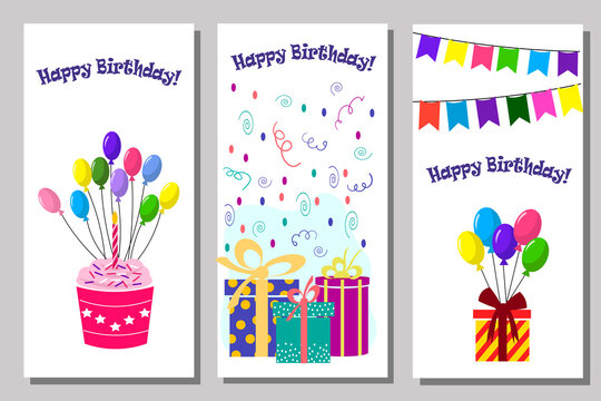 Happy birthday card set with cupcake and candle, balloons and gift box. Vector illustration isolated on white background. For congratulations, invitations and decor.