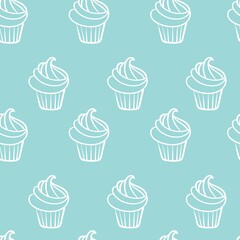 Vector seamless pattern with hand drawn cupcakes in line art style. Vector illustration