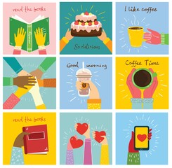 Big set of different hands illustrations. Strong together many hands up. Hand with book. Coffee time poster with mug. Hands holding hearts. Coffee, burger for breakfast.