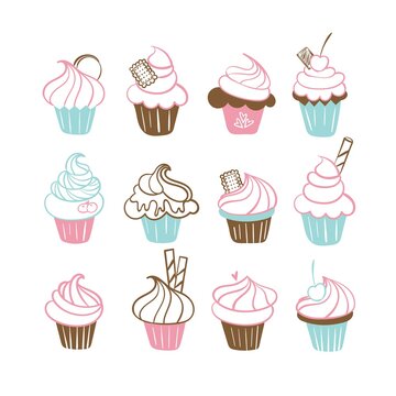 Set with hand drawn outline icons of cupcakes decorated with berries, cookies, cream, chocolate, wafer tube. Vector illustration in line style