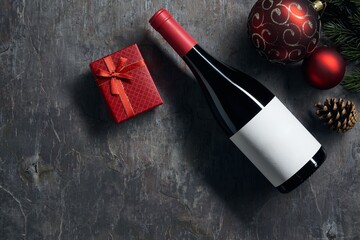 Top view of bottle of red wine with blank white label with Christmas decorations and gift box on dark background. Wine bottle mockup.