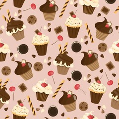 Vector seamless pattern with chocolate cupcakes, cookies, wafer, cherries