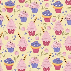 Vector seamless cupcake pattern decorated with hearts, background with floral elements for st. valentine day