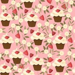 Vector seamless pattern with strawberry cupcakes and floral elements
