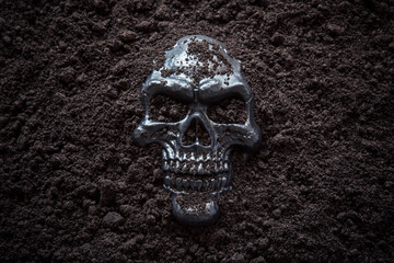 Creepy human skull in black soil 