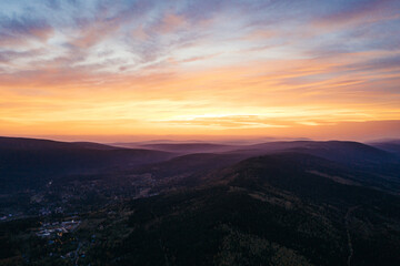 Aerial drone photography of the Karkonosze mountains in Poland during the autumn season. 