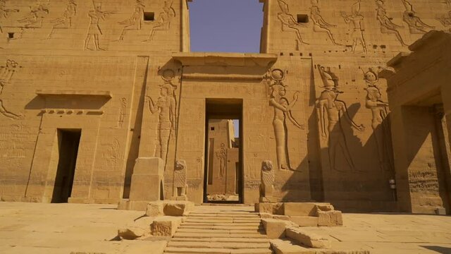 Introductory plan in the Temple of Philae without people, Greco-Roman construction seen from the Nile river, temple dedicated to Isis, goddess of love. Aswan. Egyptian