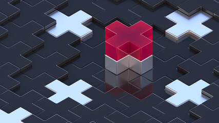 Abstract 3D render. Red, silver and dark medical cross or x or plus. Symbols or signs. Modern pattern illustration. Background wallpaper. Health care poster or banner design. Isometric composition.