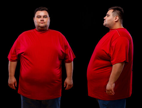 Two views of young fat man in red t-shirt: front and profile shot, isolated on black background