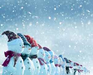 Merry Christmas and happy New Year greeting card with copy-space.Many snowmen standing in winter...