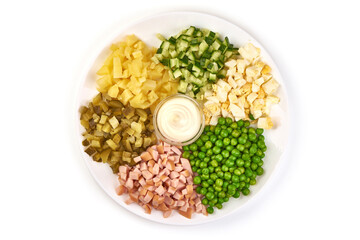 Ingredients for Olivier salad, isolated on white background