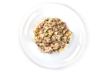 Olivier, Russian traditional salad, isolated on white background