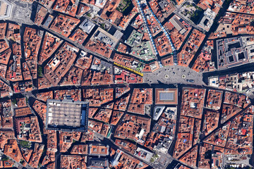 City of Madrid bird’s eye view Plaza Mayor Square, looking down aerial view from above –...