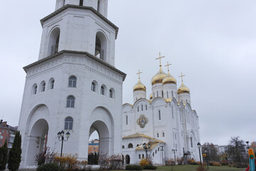 Russia, Bryansk, November 4, 2020. The Cathedral of the Holy Trinity and the bell tower of Peresvet, 66 meters high.