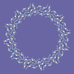 Floral wreath, branches with teal leaves and light cream flowers on purple. Vector illustration, design for poster, banner, invitation, book, fashion fabric, wrapping.