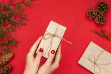 Christmas composition on a red background, copy space