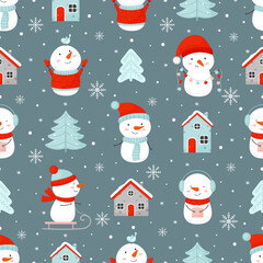 Holiday winter seamless pattern with funny snowmen, houses and Christmas trees.