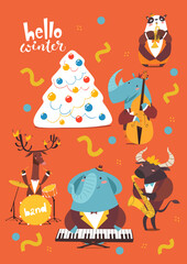 Christmas cartoon poster with hello winter lettering and cute jazz musicians characters.