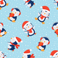 seamless christmas background with cute penguins.