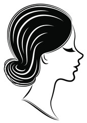 Silhouette of a profile of a sweet lady's head. The girl shows a female hairstyle on medium and long hair. Suitable for logo, advertising. Vector illustration.