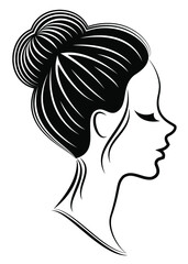 Silhouette of a profile of a sweet lady's head. The girl shows a female hairstyle on medium and long hair. Suitable for logo, advertising. Vector illustration.