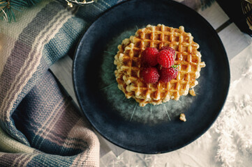 sweet Viennese waffles with fresh ripe raspberries are served for Breakfast on a beautiful plate. top view