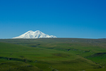 Beautiful alpine meadows on a sunny day with a view of the snowy mountain Elbrus	