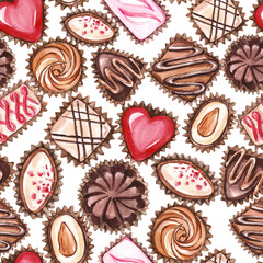 Chocolate candies.Seamless pattern. Design for textiles, napkins, tapestries, tablecloths, wrapping paper. Watercolor painting.