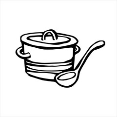 Pan and soup ladle hand drawn line icon. Stock vector illustration.