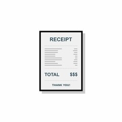 Receipt paper, bill check, invoice, cash receipt. Black stroke and shadow design. Isolated icon.
