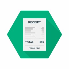 Receipt paper, bill check, invoice, cash receipt. Isolated icon.