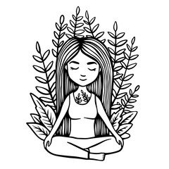 Girl sitting in lotus position on a background of branches and leaves. Hand drawn line vector stock illustration. concept about harmony and meditation. eco yoga logo.