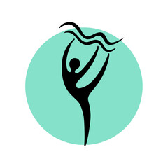 Abstract dancer black silhouette over round shape. Dance studio logo design template