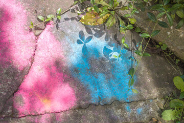 Bright colorful abstract painting, green plants growing in cracks of cement floor or wall surface, new life concept.