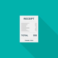 Receipt paper, bill check, invoice, cash receipt. Isolated icon.