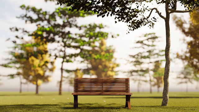 Garden wood bench with a garden landscape background 