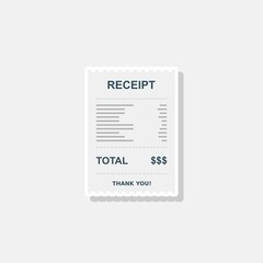 Receipt paper, bill check, invoice, cash receipt. White stroke and shadow design. Isolated icon.