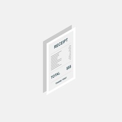 Receipt paper, bill check, invoice, cash receipt. White stroke and shadow design. Right view isometric icon.