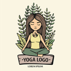 Girl sitting in lotus position on a background of branches and leaves. Hand drawn line vector stock illustration. concept about harmony and meditation. eco yoga logo.