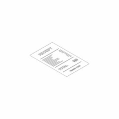 Receipt paper, bill check, invoice, cash receipt. Black outline. Right view isometric icon.