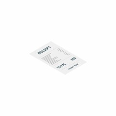 Receipt paper, bill check, invoice, cash receipt. White background. Right view isometric icon.