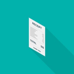 Receipt paper, bill check, invoice, cash receipt. Left view isometric icon.