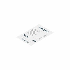 Receipt paper, bill check, invoice, cash receipt. White background. Left view isometric icon.