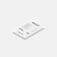 Receipt paper, bill check, invoice, cash receipt. White stroke and shadow design. Left view isometric icon.