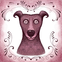 illustration portrait of a cartoon dog monochrome, in brownish-red shades. Funny dog, framed by vignettes. Hand-drawn funny dog.